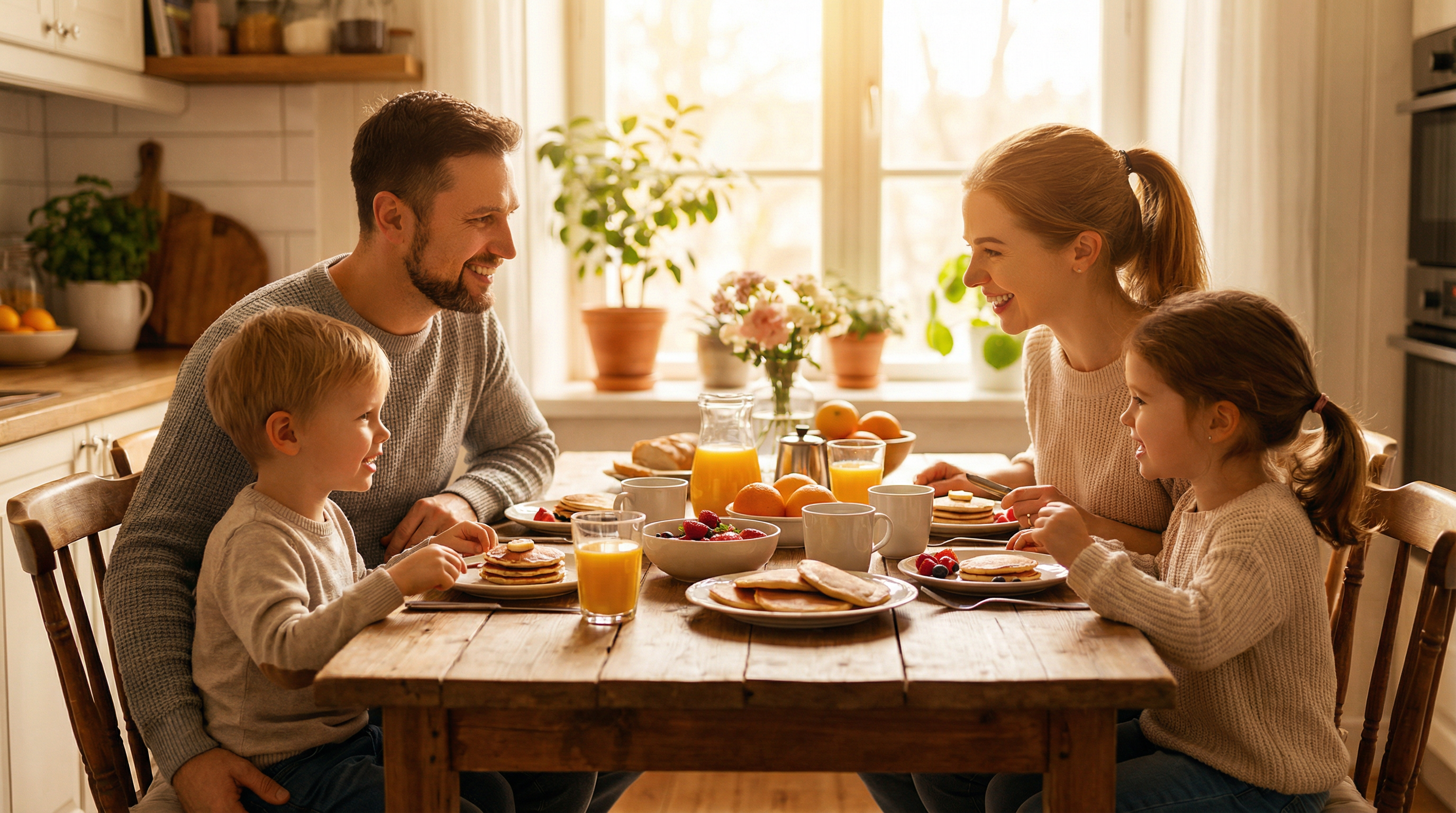 Família feliz no café da manhã